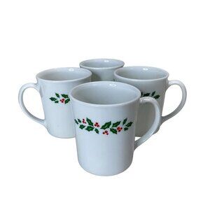 Set Of 4 Vintage Corning USA Holiday Holly Berry Coffee Mugs Christmas